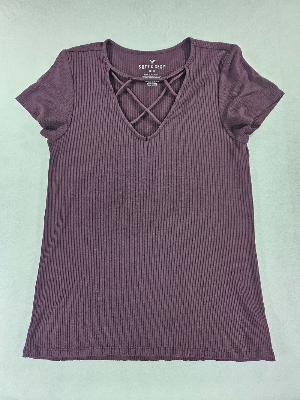 Soft & Sexy AE Ribbed Tee Shirt Burgundy Women's Top with Crisscross Neckline